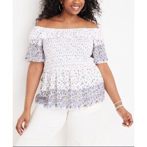 NWT Maurices Shirt 2X Off Shoulder Ruffle Smocked Flutter Floral White Blue